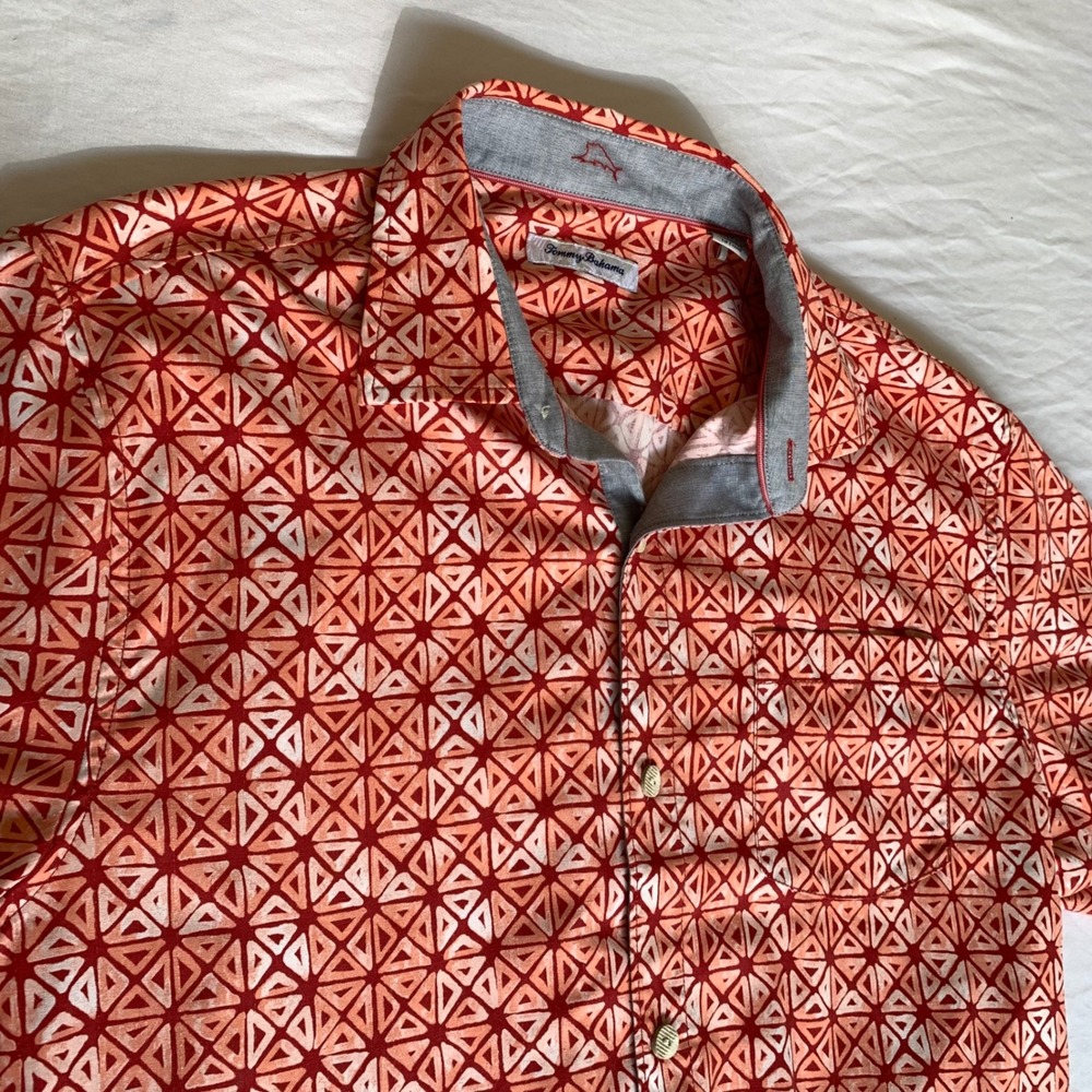 Tommy Bahama Large Orange Geometric Triangle Print Short Sleeve Button‎ Shirt